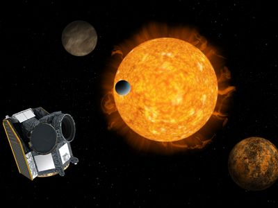 An artist impression of Cheops, the CHaracterising ExOPlanet Satellite, with an exoplanet system in the background