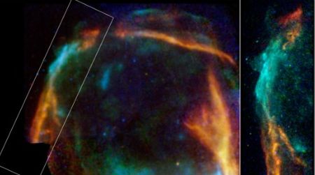 A combined image from the Chandra and XMM-Newton X-ray observatories of RCW 86, which was determined to have started out as SN 185