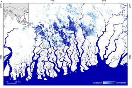 Surface water seasonality between October 2014 and October 2015 in the Sundarbans in Bangladesh. Dark blue indicates permanent surface water; light blue indicates seasonal surface water.