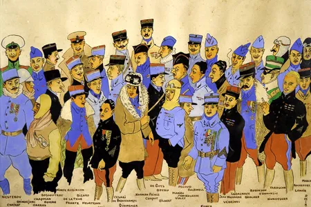 Paul Mirat’s gouache painting of World War I aviators includes several members of the Lafayette Escadrille.
