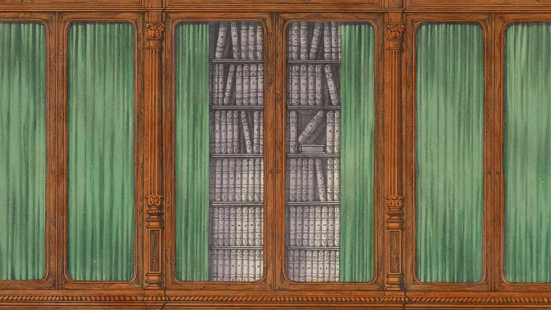 Book illustration of wall of book shelves with green curtains. 