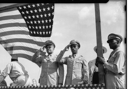 Two men wearing U. S. Army uniforms, including Major George S. Roberts (on left), June 22, 1944