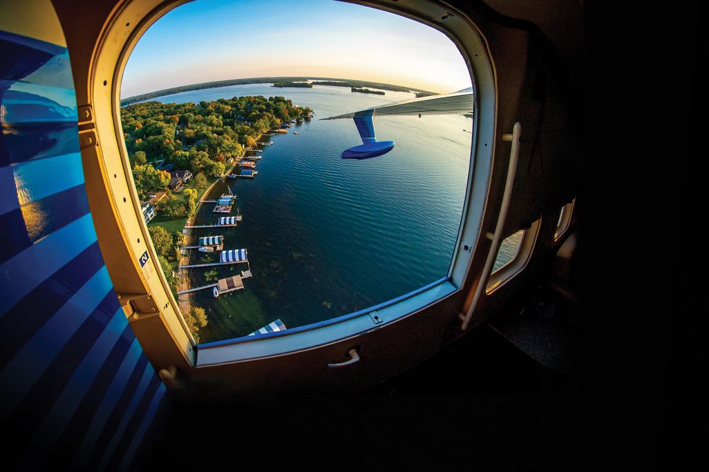image of lake through aircraft window