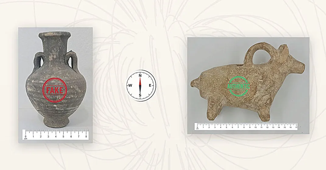 An illustration shows a fake artifact at left and a real one at right