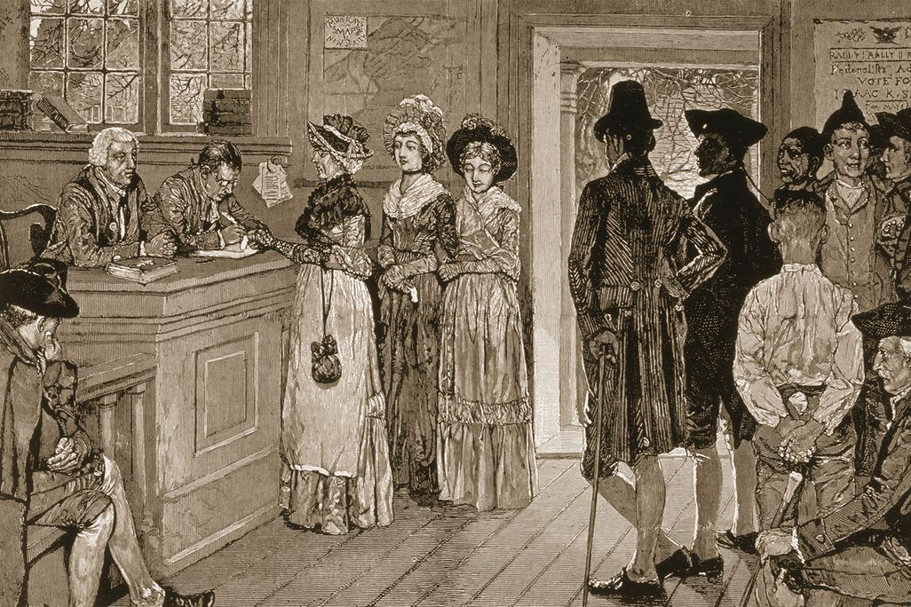 An 1880 Harper's Weekly illustration titled Women at the Polls in New Jersey in the Good Old Times