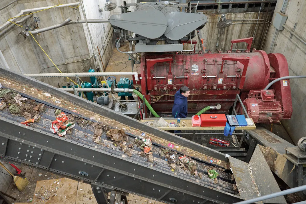 At a Vanguard facility in Agawam, Massachusetts, food waste moves through machines that separate it from packaging and turn it into a slurry.