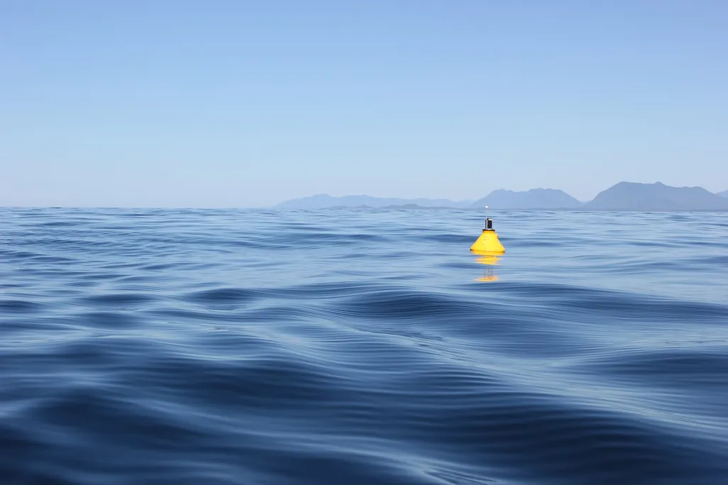 The yellow MarineLabs sensor buoy that detected the record-breaking wave near Ucluelet, British Columbia on flat calm water