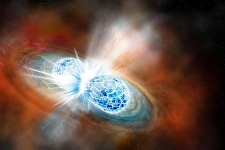 An artist concept of two neutron stars colliding and creating, among other things, ripples in space-time and a quantity of gold that would make Fort Knox blush.  