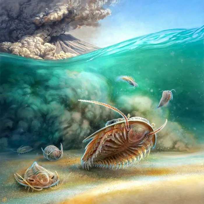 illustrated trilobites of two species swim as a cloud of volcanic ash approaches from a distant peak