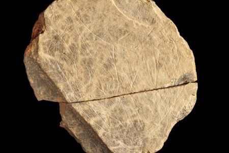A small stone tablet featuring geometric art made by the Magdalenians, an Ice Age people that once inhabited Europe.