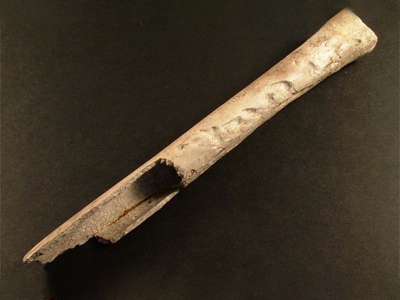 A bone hollowed-out stick, with indentations on the surface; looks as though it's broken at the bottom