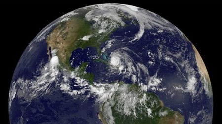 In this GOES satellite image taken on August 24, the eye Hurricane Irene, traveling over the Bahamas, can be clearly seen