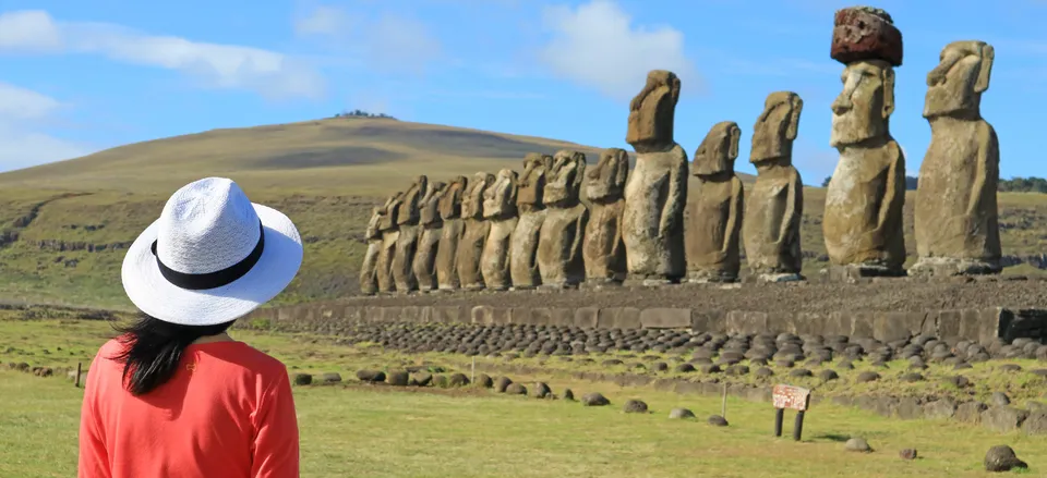  Woman at Ahu Tongariki ceremonial platform, Easter Island 