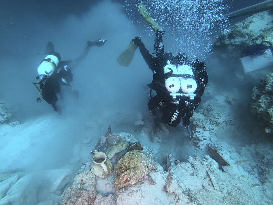 Divers survey pottery from the Byzantine wreck.