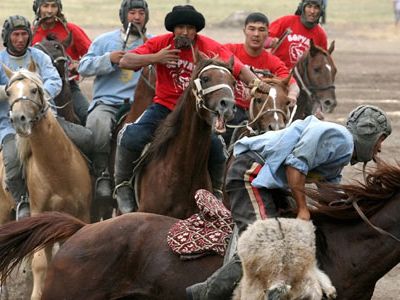 Kok-boru is a popular horse game in Kyrgyzstan in which two teams of riders try to carry a goat or calf carcass into the opposing teams endzone.