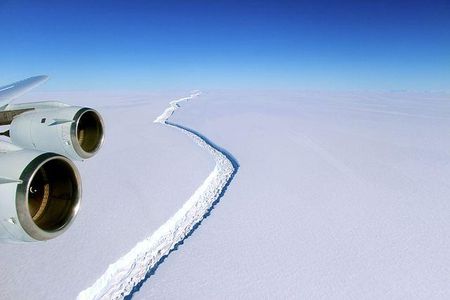 A wide view of the rift in Larsen C as seen on November 10, 2016. The crack has since lengthened by about 12 miles.