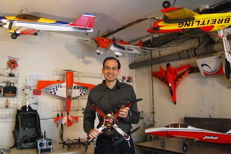 Schulman with some of his model aircraft, including a quadcopter.