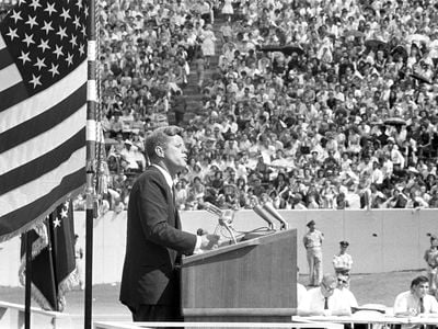 President John F. Kennedy delivers remarks at Rice University regarding the nation&#39;s efforts in space exploration on September 12, 1962