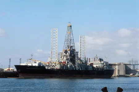 The Glomar Explorer, the ship that served as home base for the submarine-retrieval mission of Project Azorian. The Glomar Explorer's cover story was that it was doing deep sea mining research.