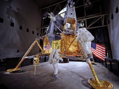 While the Apollo lunar module is a real test vehicle, it has been modified to look like the Apollo 11 lander for display.

