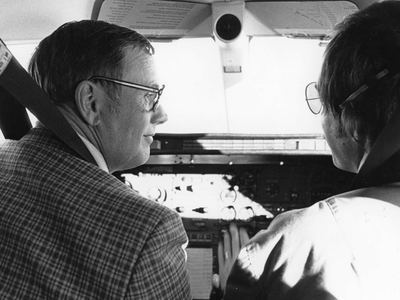 Armstrong with copilot Peter Reynolds in their record-setting Learjet Longhorn 28, February 1979.