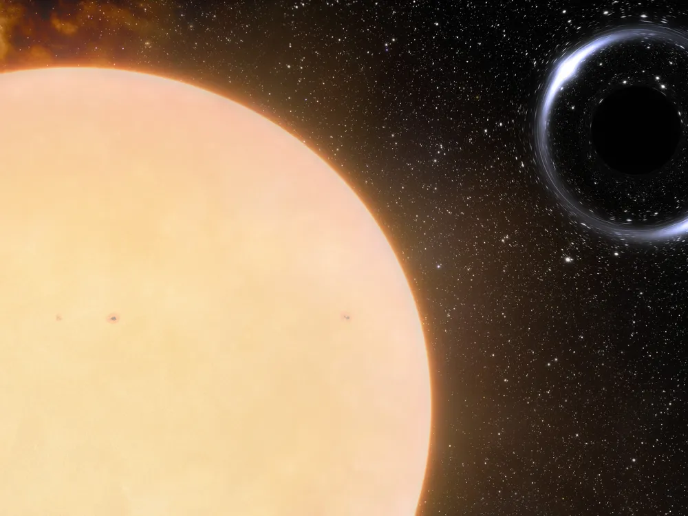 Illustration with a bright sun in the foreground and a dark swirl of black hole in the background.