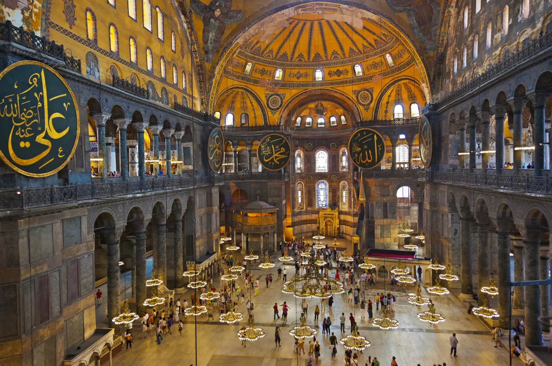 The expansive interior of the Hagia Sophia in Istanbul.