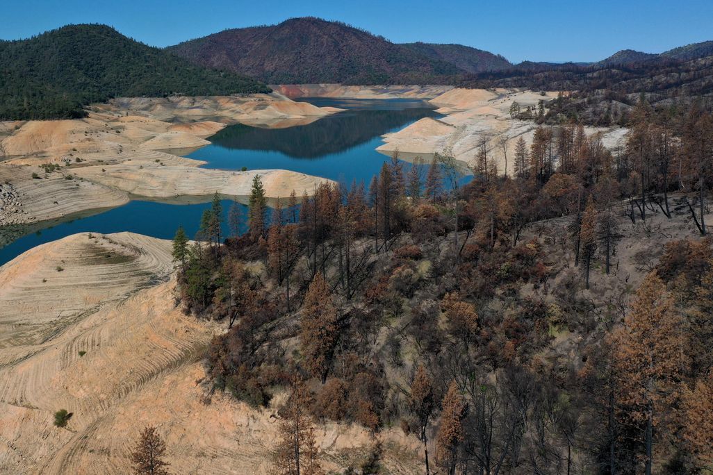 Trees burned by the recent Bear Fire line the steep banks of Lake Oroville where water levels are low on April 27, 2021 in Oroville, California.