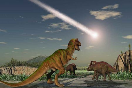 In an artist's interpretation, the forested and warm Late Cretaceous is abruptly destroyed by a six-mile wide asteroid. 