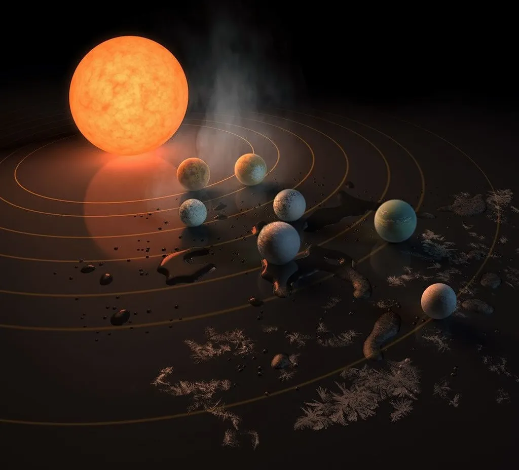 an illustration of another planetary system consisting of seven planets surrounding a large, orange star