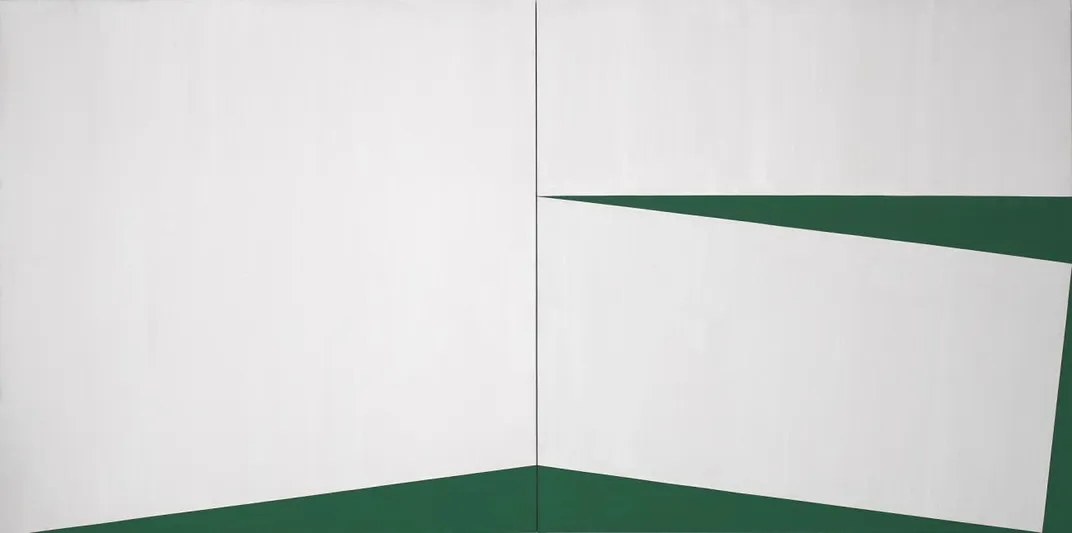 A two panel abstract painting in white and green