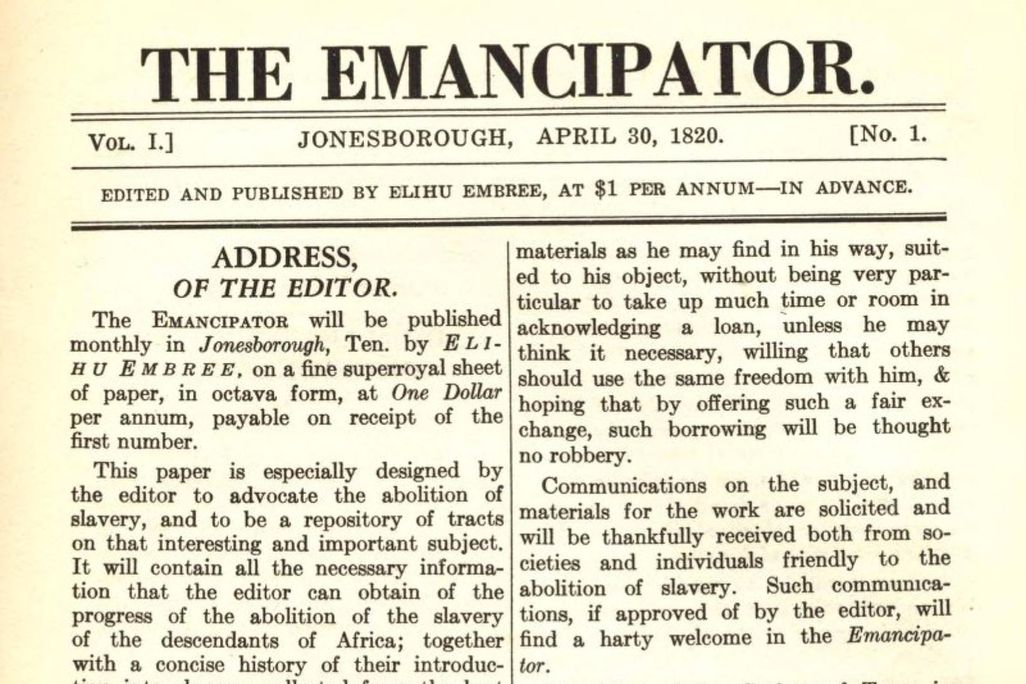 A screenshot of the first page of a nineteenth century pamphlet, with large font that reads THE EMANCIPATOR on top and an Address of the Editor, followed by two columns of text