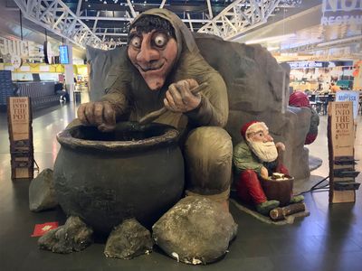 Sculptures of Gr&yacute;la, mother of the 13 Yule Lads, and Skyrg&aacute;mur, a Yule Lad fond of Icelandic yogurt