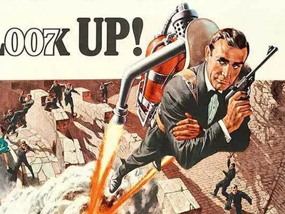 Detail from a promotional poster for Thunderball showing James Bond escaping with the help of a jet pack.