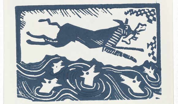 In 1988, artist Laura Farabough exhibited Santa Dog, a site–specific video installation at the Hanson Gallery in Sausalito, California. That same year, Farabough featured “Santa Dog” on her holiday card to artist David Ireland. Laura Farabough christmas card to David Ireland, 1988. David Ireland papers, circa 1910s-circa 2009, Archives of American Art, Smithsonian Institution.