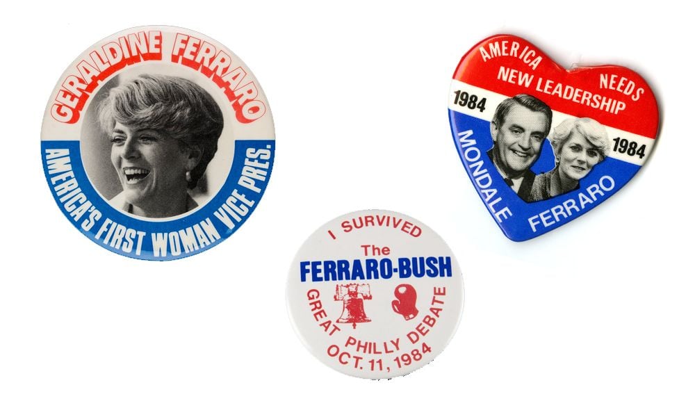 campaign buttons-- one of Ferraro, one from the debate, and one for the Mondale-Ferraro ticket