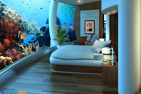 Artist's rendition of a bedroom at the Poseidon Mystery Island underwater resort