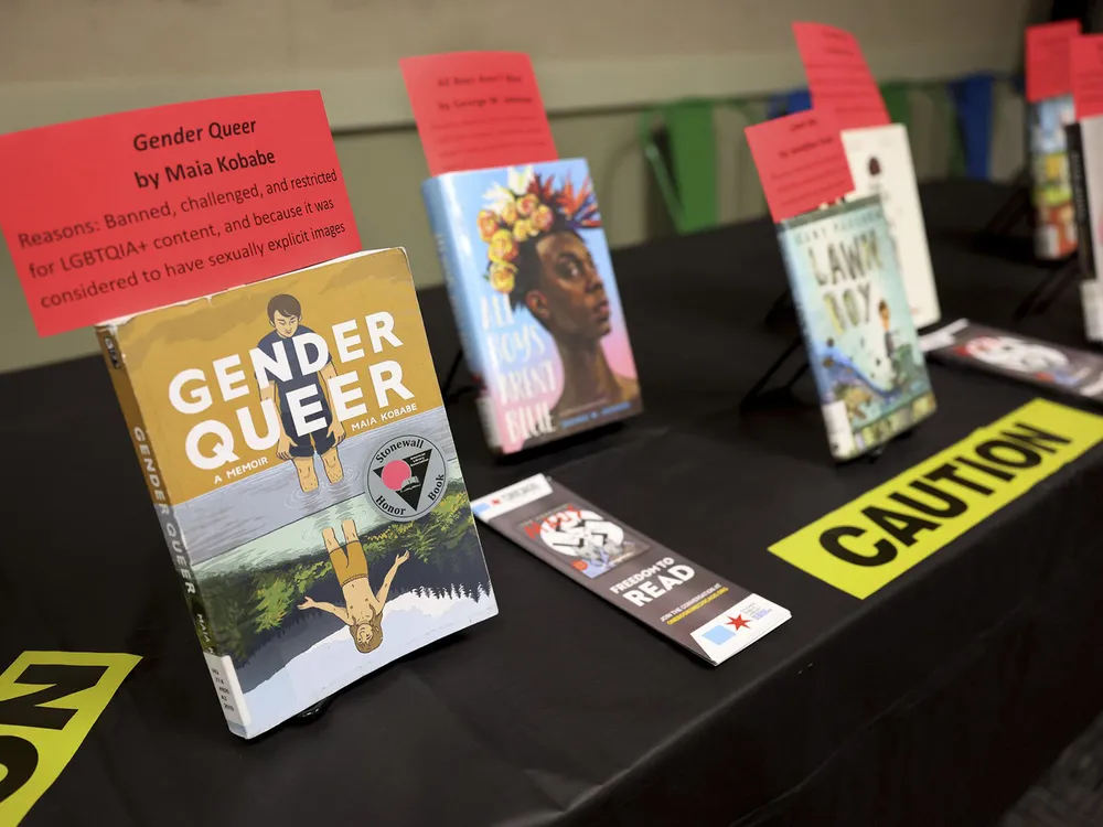 Books on a table including "Gender Queer" and "All Boys Aren't Blue"