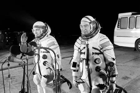 Ready to set a space endurance record, cosmonauts Yuri Romanenko (left) and Georgy Grechko prepare to board their Soyuz 26 rocket in 1977.