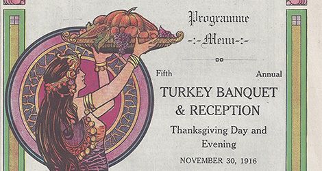 Beautiful art on the menu for Thanksgiving Day, 1916, at the Greyhound Inn.