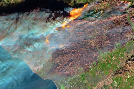 Satellite image of the Thomas Fire's burn scar and active flames, in northern Ventura, on December 5, 2017.