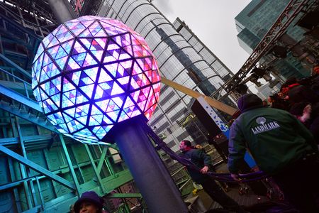 The Times Square New Year's Eve Ball is tested the day before New Year's Eve atop the roof of One Times Square in New York, on Dec. 30, 2015.