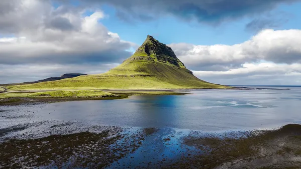 Kirkjufell at Low Tide: Iceland's Iconic Peak from Above thumbnail
