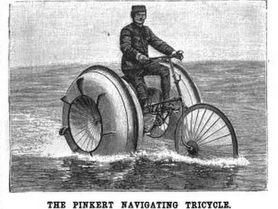 The late 19th and early 20th centuries were full of inventions such as this--the "Pinkert Navigating Tricycle," which was meant to be used on water.