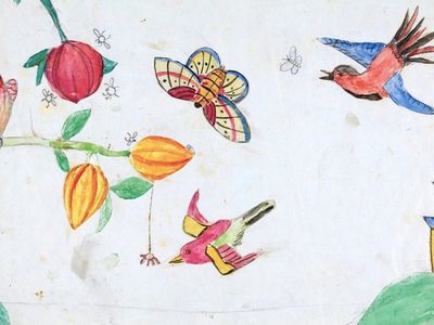 A painting by one of Darwin's children, found on the back of one of the manuscript pages of "On the Origin of Species." 