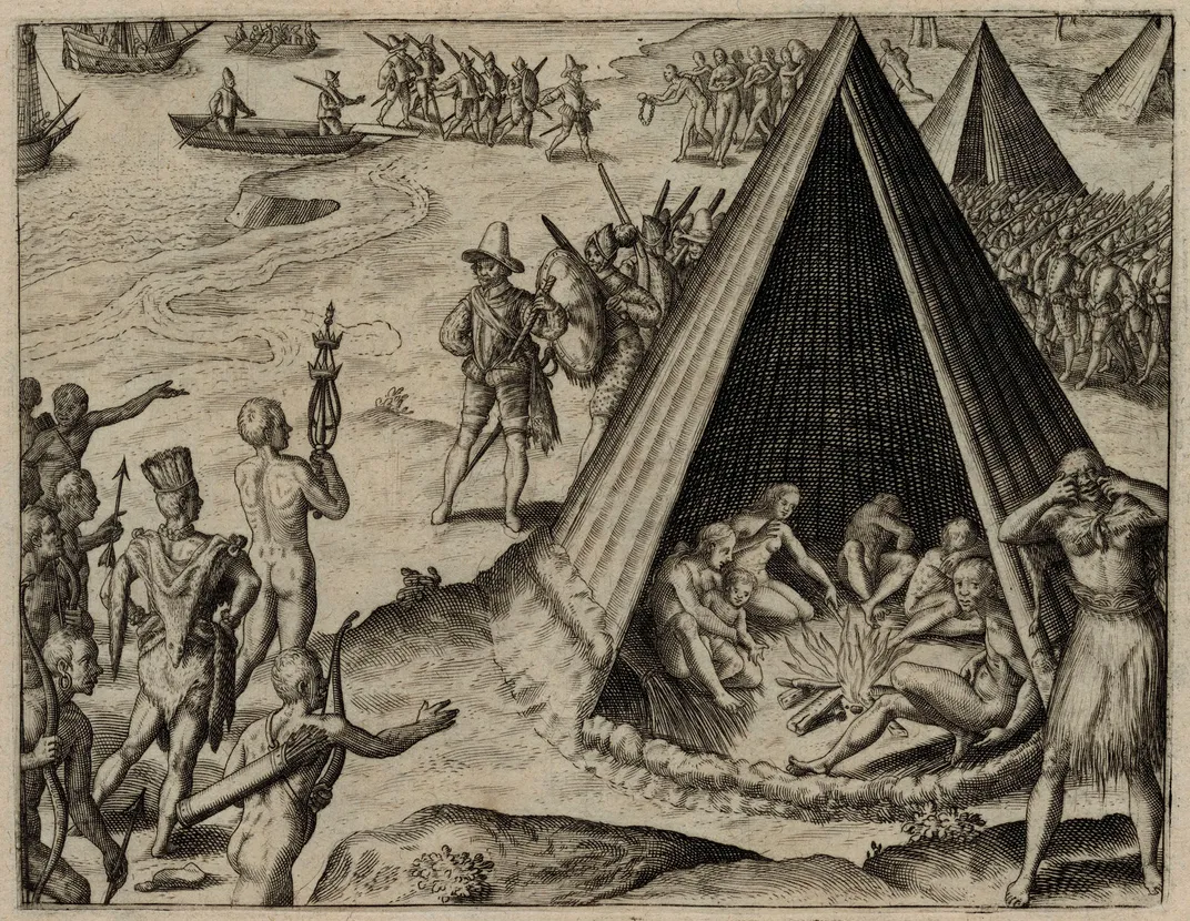 Illustration of Sir Francis Drake arriving in California