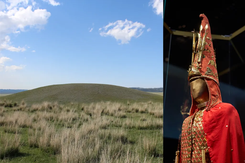 a collage of a hill-looking formation and a figure dressed in red and gold