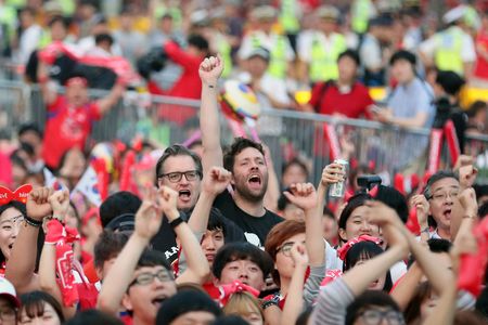 Fans cheer for Team Korea at the 2014 FIFA World Cup in Brazil.