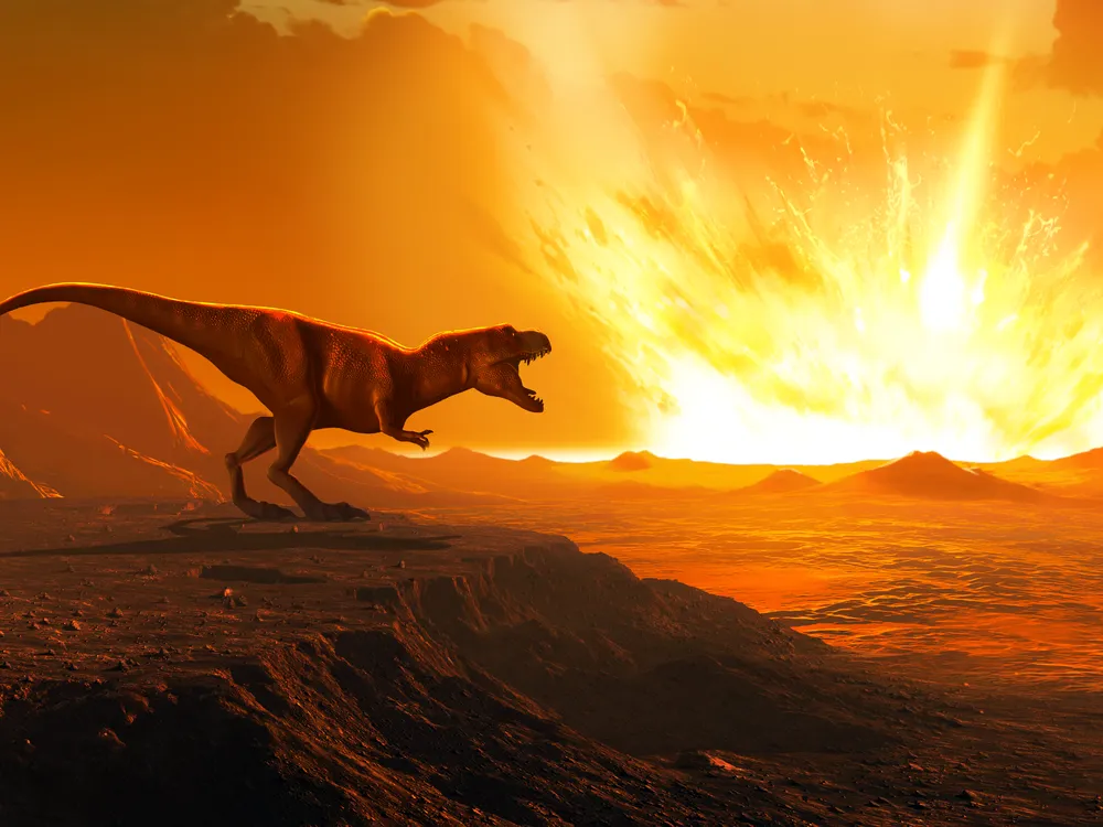 An illustration of a T. rex watching as an asteroid hits Earth