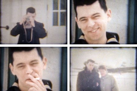 Grid of four old film stills, each showing the same young man: holding up a camera to his eye, smirking, smoking a cigarette, and posing with an older woman.